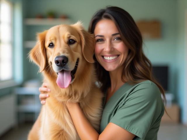 Image of Maria Rodriguez, founder of AstroPaws Grooming, with her happy Golden Retriever, Luna.