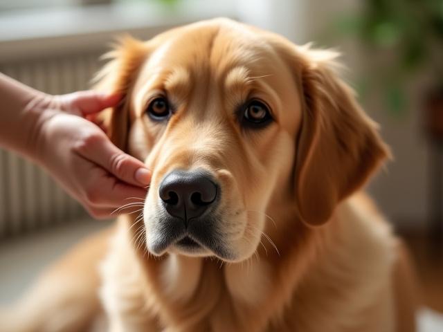Happy dog with a shiny, healthy coat after de-shedding service, looking comfortable and well-cared for. A hand gently strokes its fur.