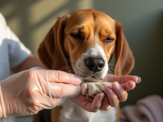 Groomer gently massaging a dog's paw with soothing balm