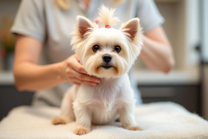 A beautifully groomed Yorkie with a perfect topknot sitting comfortably on a plush grooming table, receiving gentle attention from a groomer's hands.